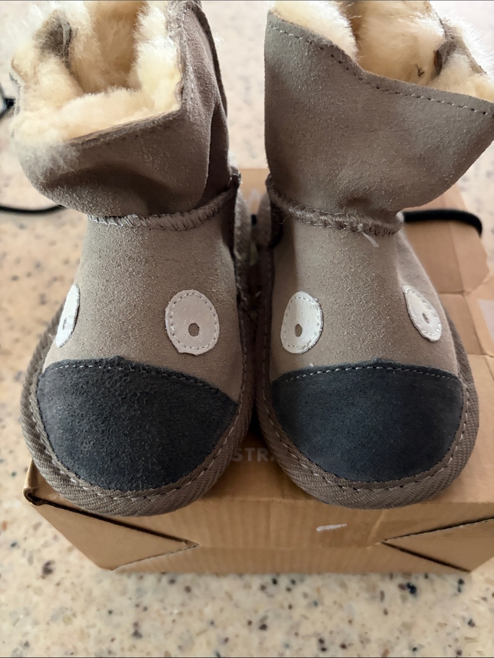 Emu Kids Taupe and Black Suede Booties with Shearling Trim